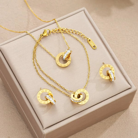4Pcs/Set Stainless Steel Crystal Necklace Bracelet Earrings for Women Gold Color Interlocking Circles Roman Numbers Jewelry Sets (139)