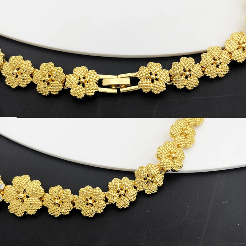 Dubai Nigeria Jewelry Sets for Women Luxury Design Five Petals Flower Pendant Necklace Earring Bracelet and Ring
