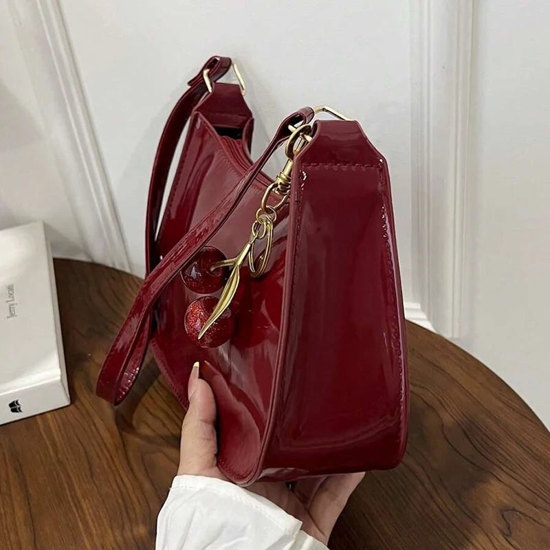 Vintage Retro Shoulder Bag for Women PU Leather Underarm Crossbody Ladies Casual Handbag Purse with Cherry Pendant (040)