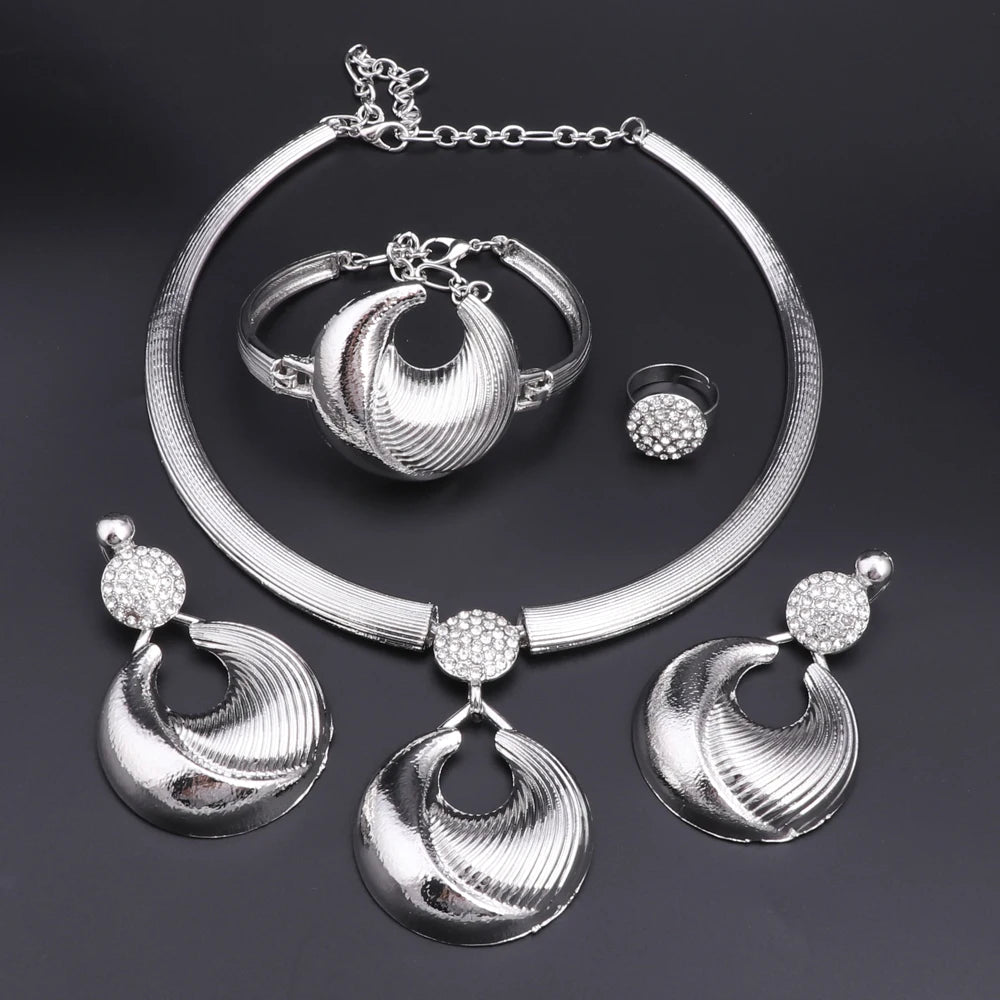 Dubai Jewelry Set for Women Silver Plated Luxury Necklace Earrings Bracelet and Ring Set Jewelry for Wedding Party Trending ﻿