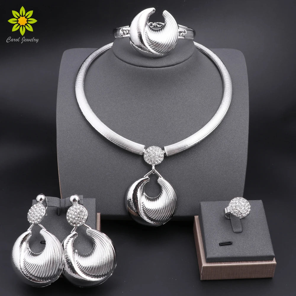 Dubai Jewelry Set for Women Silver Plated Luxury Necklace Earrings Bracelet and Ring Set Jewelry for Wedding Party Trending ﻿
