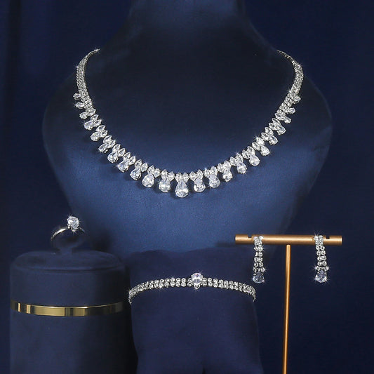 5Pcs/Set Gorgeous Copper Base Inlaid Sparkling Zircon Jewelry Set for Women, Bridal Wedding Wear, Sacrificial Festival Gift (130)