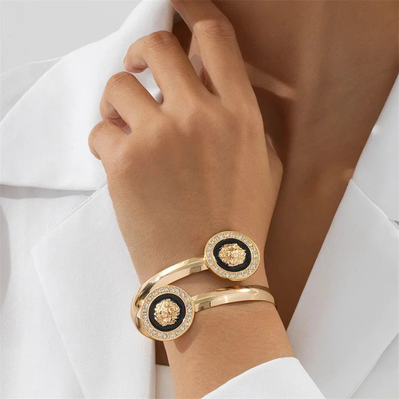 5Pcs/Set Gold-Plated Lion Head Party Jewelry Set for Women Crystal Pendant Necklace Bracelet Chains Bangles Earrings Ring (135)