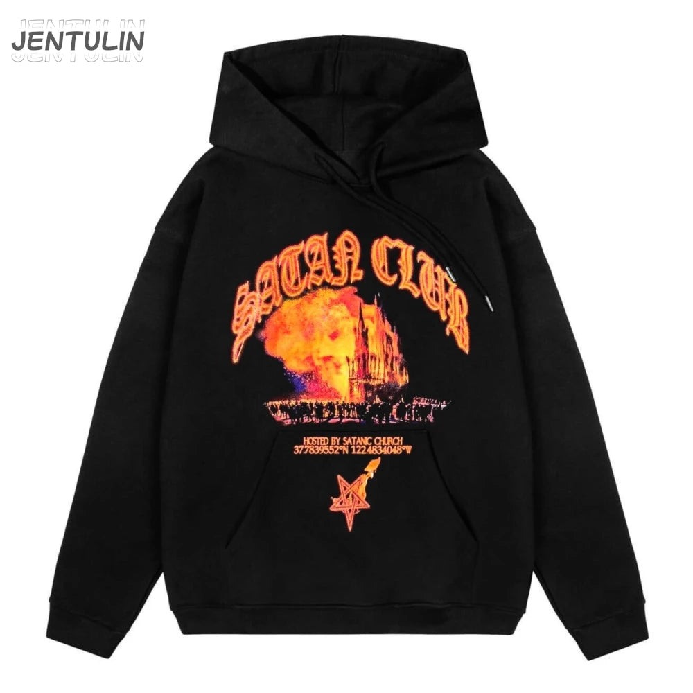 Hip Hop Streetwear Men Hoodie Oversized Pullover Satan Club Graphic Print Y2K Hooded Sweatshirt Harajuku Goth Aesthetic Clothing