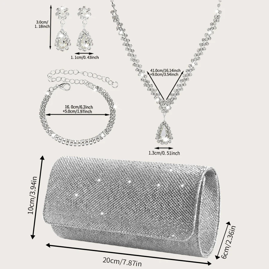 Sophisticated and Elegant Sparkly Party Clutches and Wallets Paired with Luxe Rhinestone Necklace, Earrings and Bracelet Sets. (051)