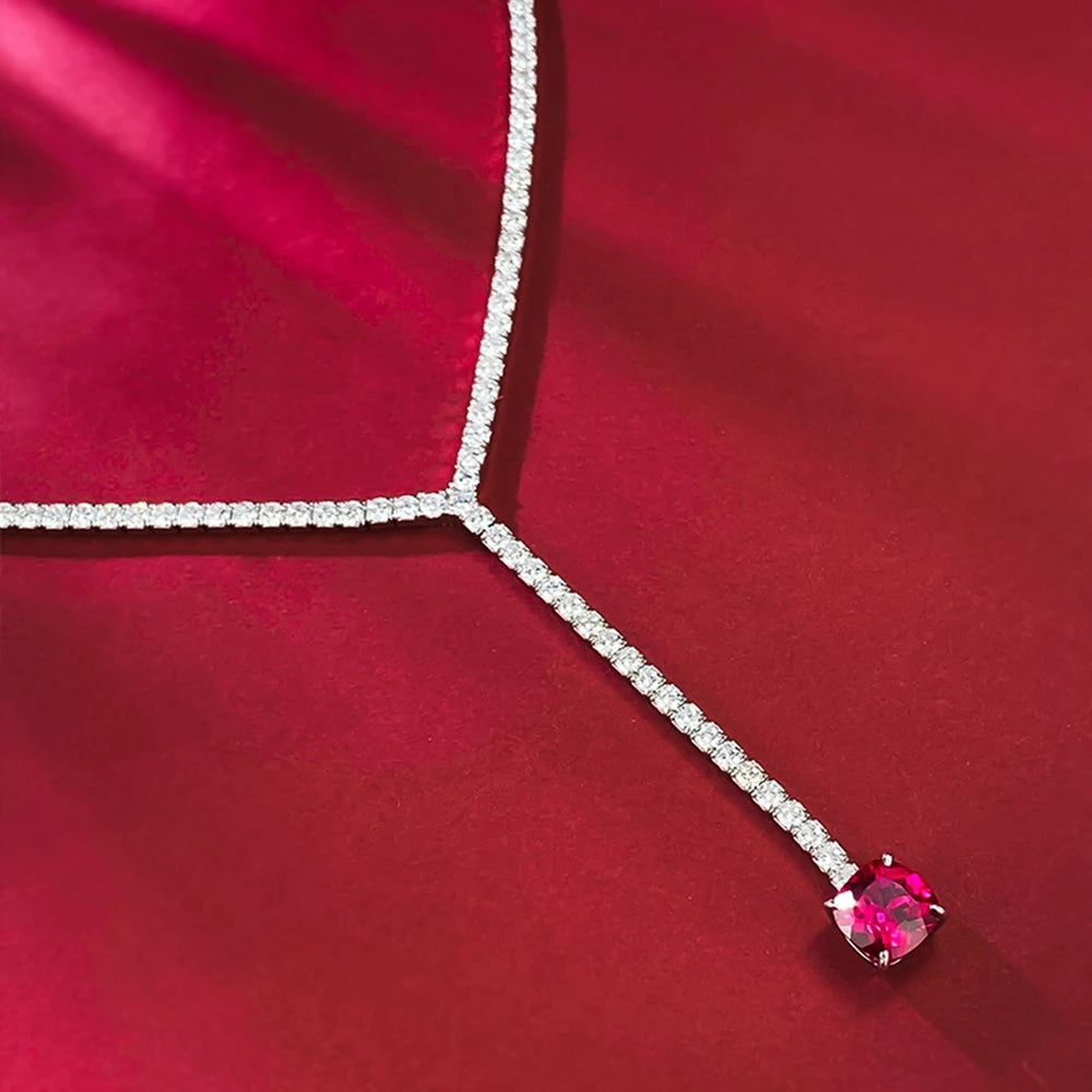 Vintage 100% 925 Sterling Silver 8*8 MM Ruby High Carbon Diamond Gems Tennis Chain Necklace Pendant Jewelry for Women (097)