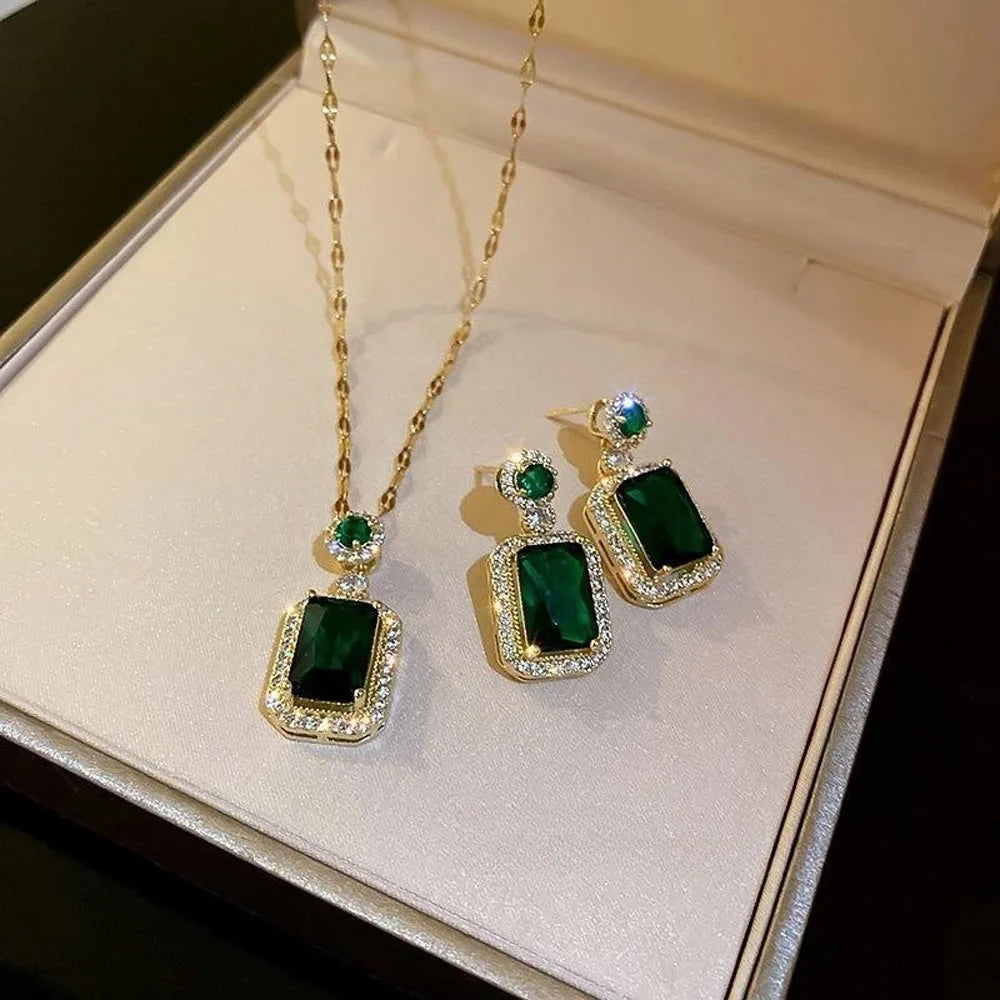 4PCS Sets Exquisite Quadrate Rhinestone Necklace Earrings Ring Jewelry Set Charm Ladies Jewelry Fashion Bridal Gifts (140)