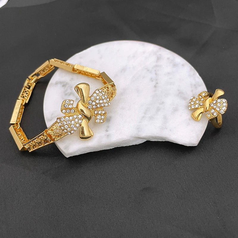 Italy 18K Gold Plated Women Jewelry Set Classic Design Bowknot Necklace Earring Bracelet and Ring 4PCS Set Jewelry Wedding Party
