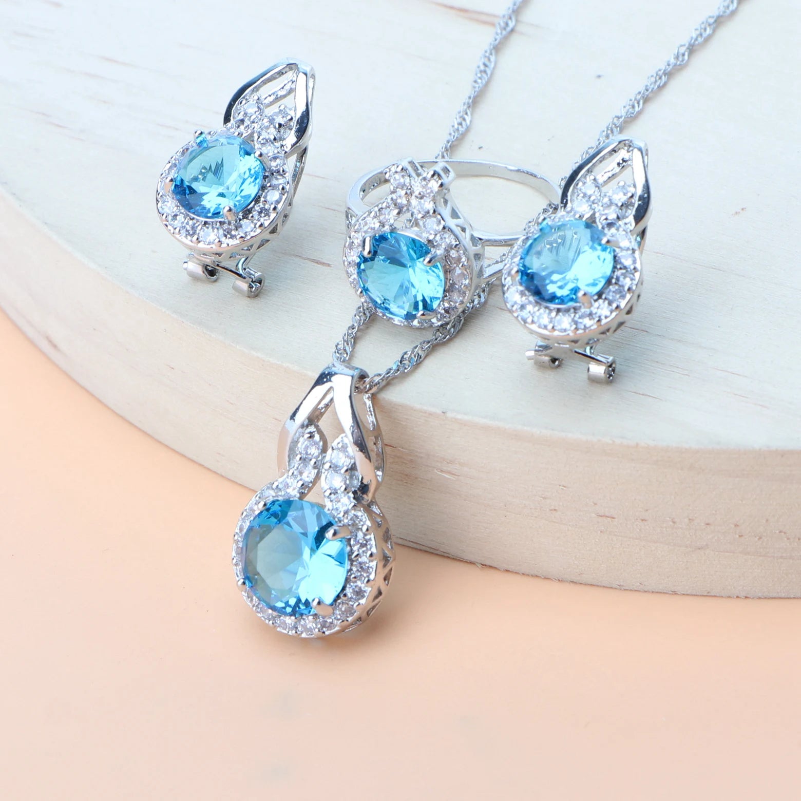Ladies round Blue Zircon Jewelry Sets 925 Sterling Silver Earrings Rings Bracelets for Women Wedding Pendant Necklace Birdal Set (157)