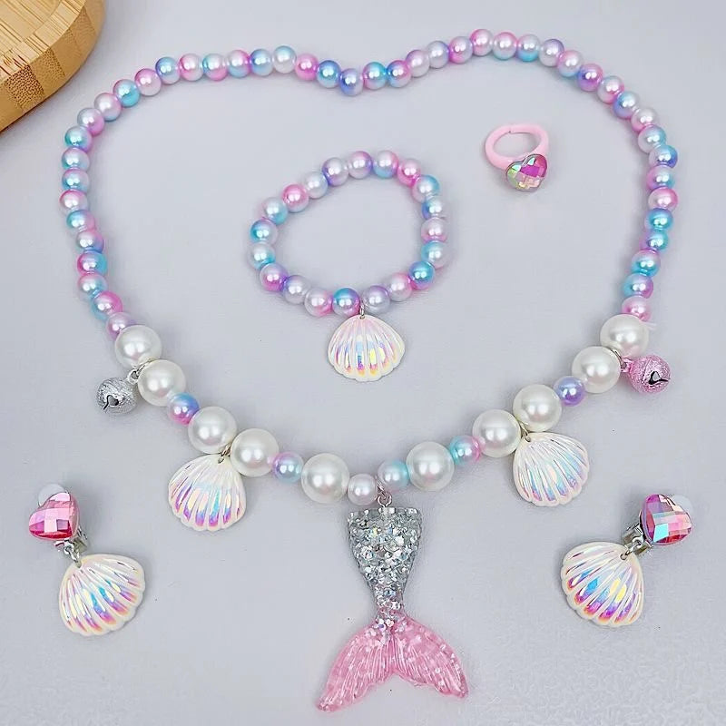 2/5Pcs Girls Jewelry Sets Mermaid Pearl Necklace Bracelet Ring Earring Set Kids Toys Children Princess Fashion Accessories (141)