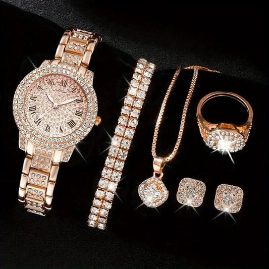 6Pcs/Set Women Watch Luxury Elegant Alloy Watch Crystal Wristwatch for Ladies Gift Quartz Watch Alloy Rhinestone Bracelet (133)