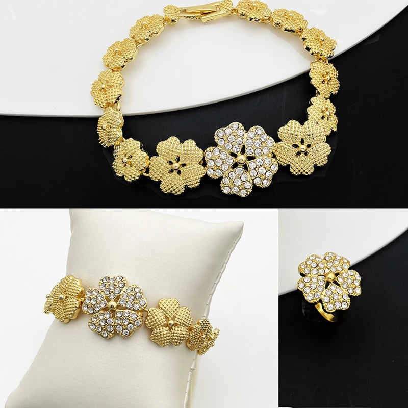 Dubai Nigeria Jewelry Sets for Women Luxury Design Five Petals Flower Pendant Necklace Earring Bracelet and Ring