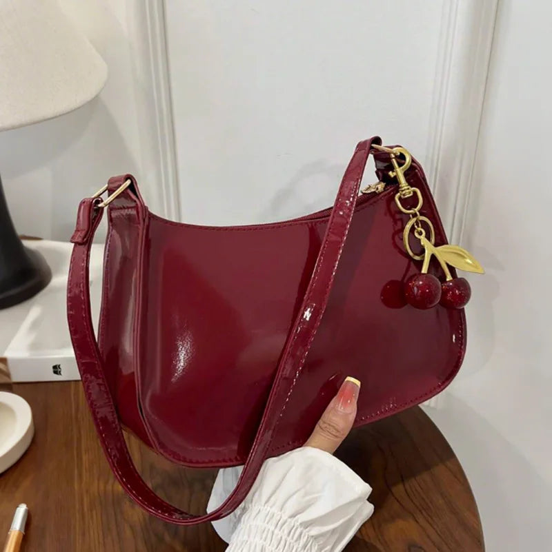 Vintage Retro Shoulder Bag for Women PU Leather Underarm Crossbody Ladies Casual Handbag Purse with Cherry Pendant (040)