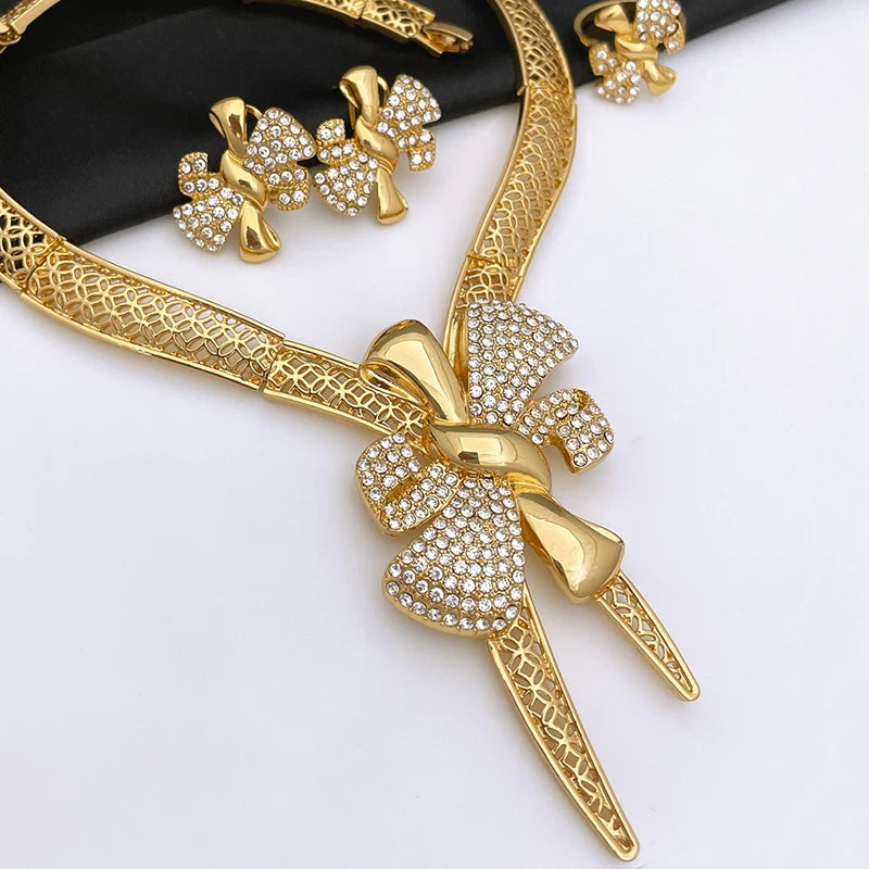 Italy 18K Gold Plated Women Jewelry Set Classic Design Bowknot Necklace Earring Bracelet and Ring 4PCS Set Jewelry Wedding Party