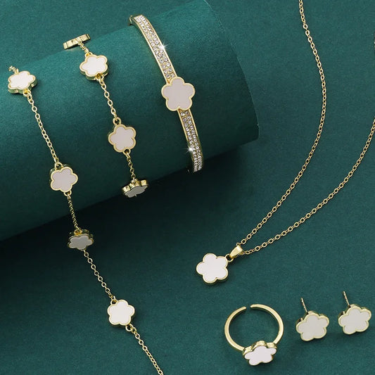 5Pcs Luxury Five-Leaf Flower Jewelry Set for Women 2024 Sparkle CZ Bangle Necklace Earrings Bracelet Charming Clover Jewelry (113)