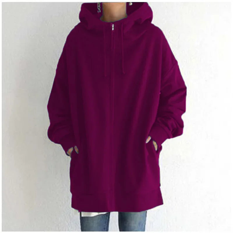 Women Thickened Warm Solid Color Hooded Sweatshirt Double Pockets Zipper Cardigan Hoodie Female Long Outerwear Trend Streetwear