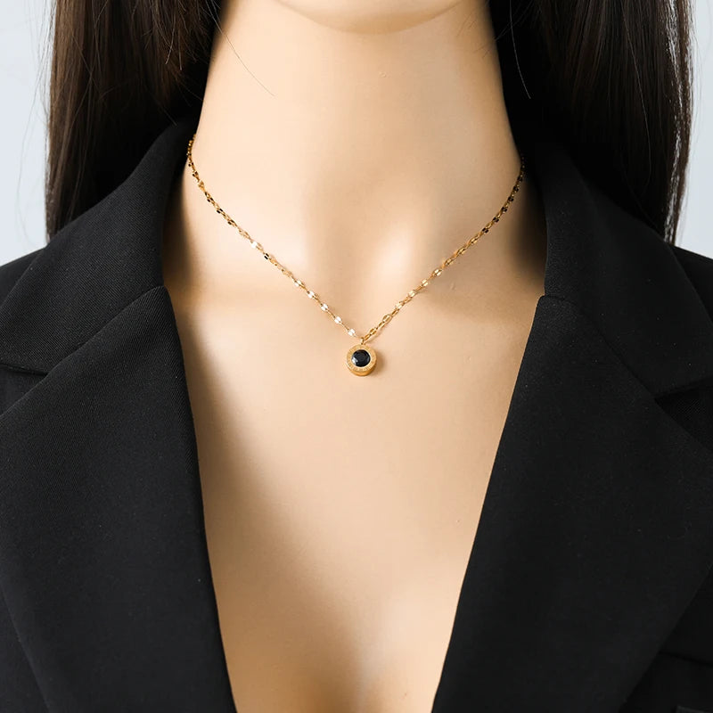 Roman Black Zircon Necklace Bracelet Earrings Set for Women 316L Stainless Steel Hypoallergenic Waterproof Jewelry Gift (145)
