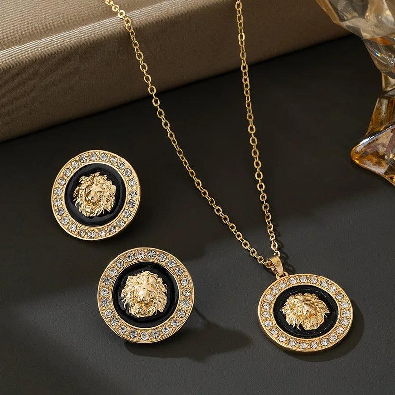 5PCS Lion Head Jewelry Set for Women Men'S Zircon Dripping Oil Animal Pendant Necklace Bangles Chains Bracelet Earring Post Ring (147)