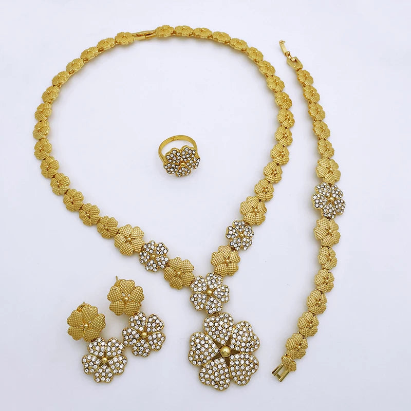 Dubai Nigeria Jewelry Sets for Women Luxury Design Five Petals Flower Pendant Necklace Earring Bracelet and Ring