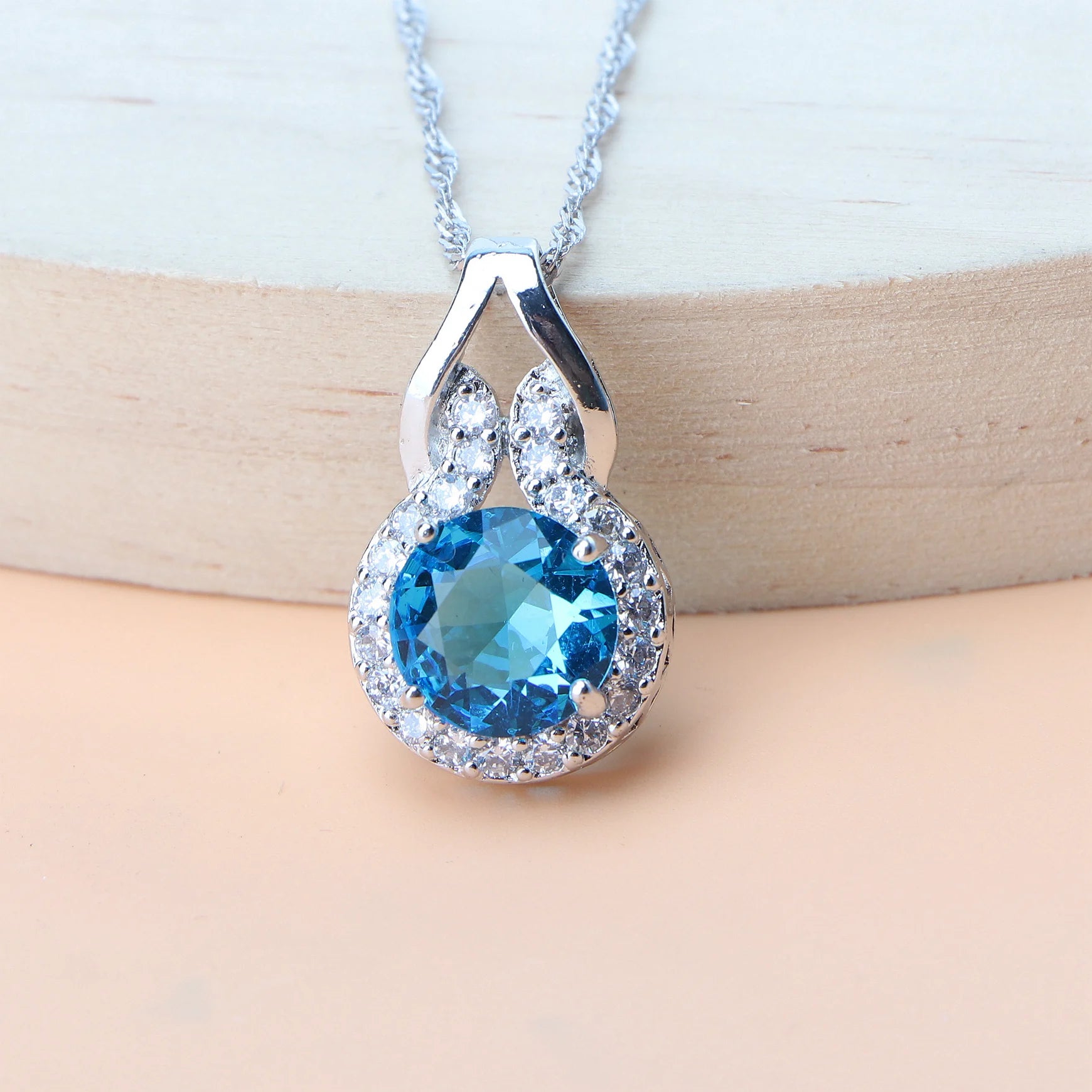 Ladies round Blue Zircon Jewelry Sets 925 Sterling Silver Earrings Rings Bracelets for Women Wedding Pendant Necklace Birdal Set (157)