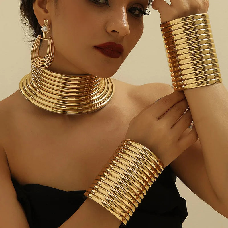 5Pcs/Set Vintage Leather African Jewelry Set Choker Necklace Bracelet Earrings Set for Women Collar Necklace Set Jewelry Gifts (124)