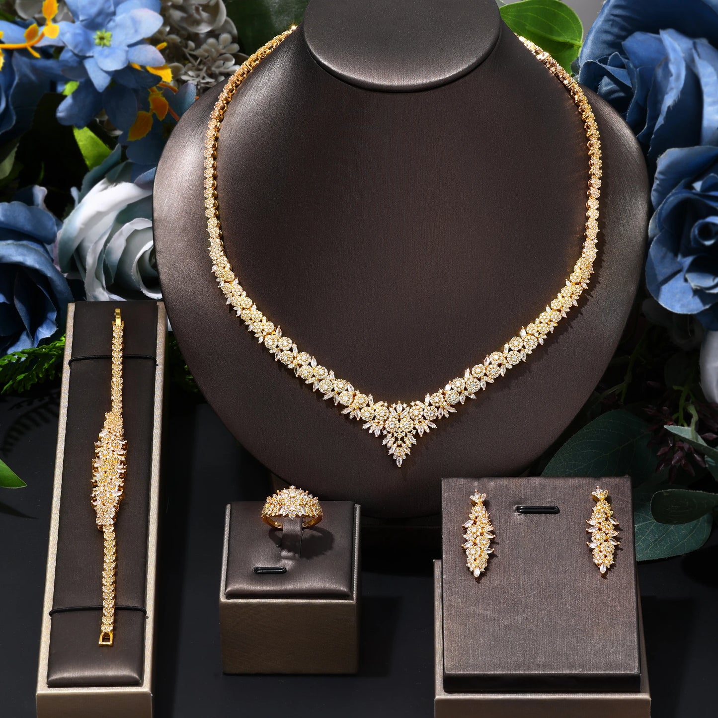 2024 Hot Selling 4-Piece Bride Wedding Jewelry Set with Cubic Zirconia Dubai Luxury Jewelry Set