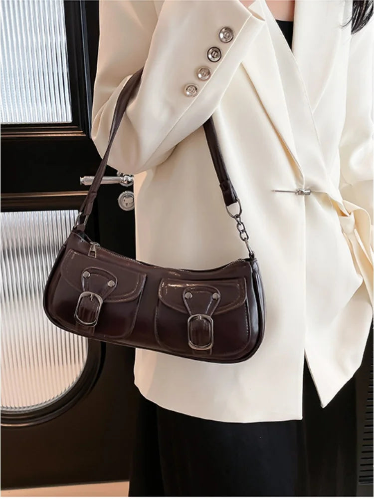 Women'S Shoulder Bag Fashion Commuting Armpit Bag Personality Trendy Cool Scooter Bag Small Senior Sense Shoulder Crossbody Bag (058)