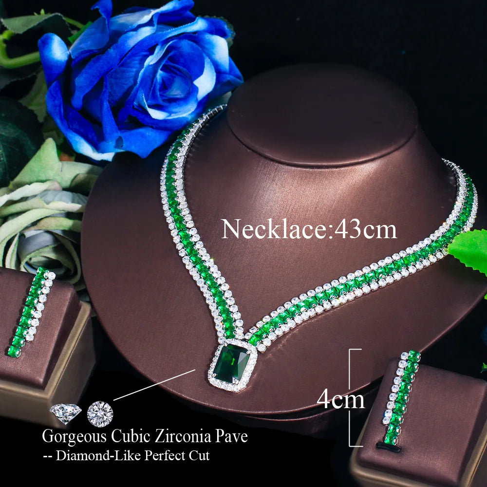 Threegraces Elegant Green Cubic Zirconia Big Geometric Square CZ Necklace and Earrings Luxury Party Jewelry Set for Women TZ936