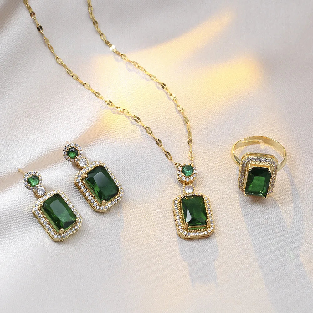 4PCS Sets Exquisite Quadrate Rhinestone Necklace Earrings Ring Jewelry Set Charm Ladies Jewelry Fashion Bridal Gifts (140)