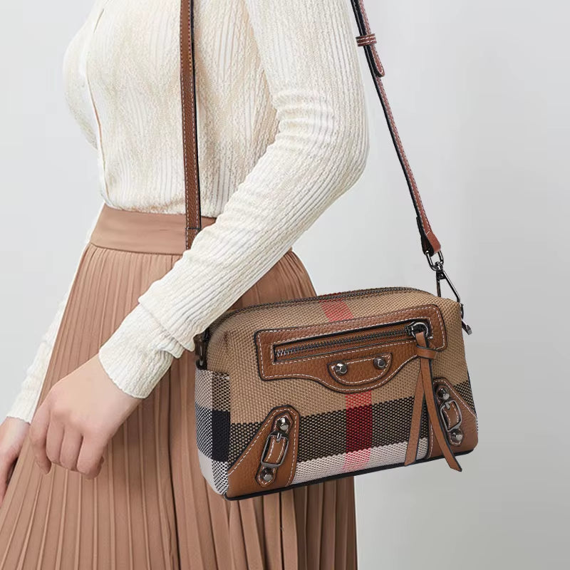 Classic and Quirky Motorcycle Bag, Genuine Leather Women'S Checkered Shoulder Bag, Retro Square Mini Crossbody Bag (023)