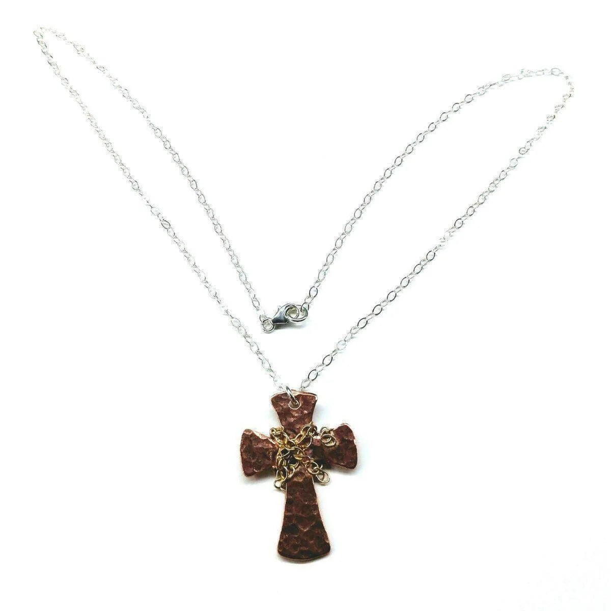 Chained Hammered Copper Cross Necklace for Him or Her