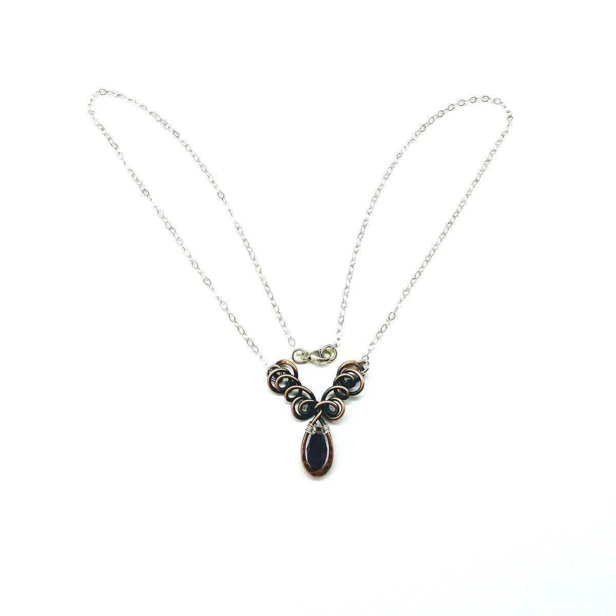 Sterling Silver and Copper Wire Sculpted Amethyst Crystal Drop Necklace