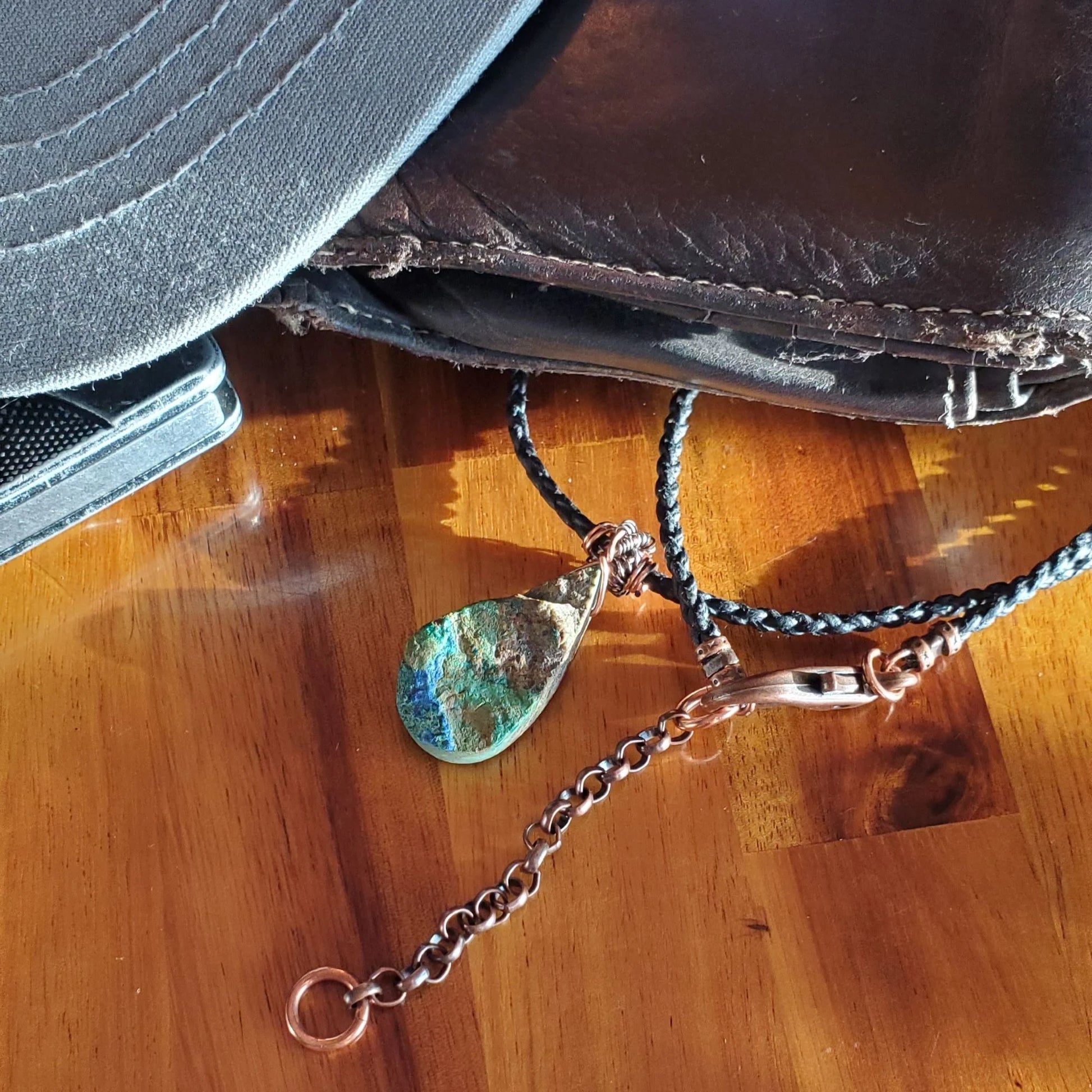 Handcrafted Azurite Malachite Drop Pendant on Vegan Cord Necklace