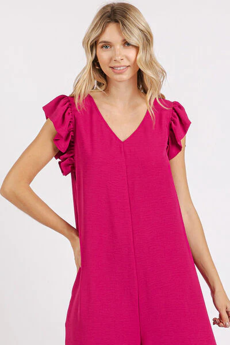 Mittoshop V-Neck Ruffled Cap Sleeve Wide Leg Jumpsuit