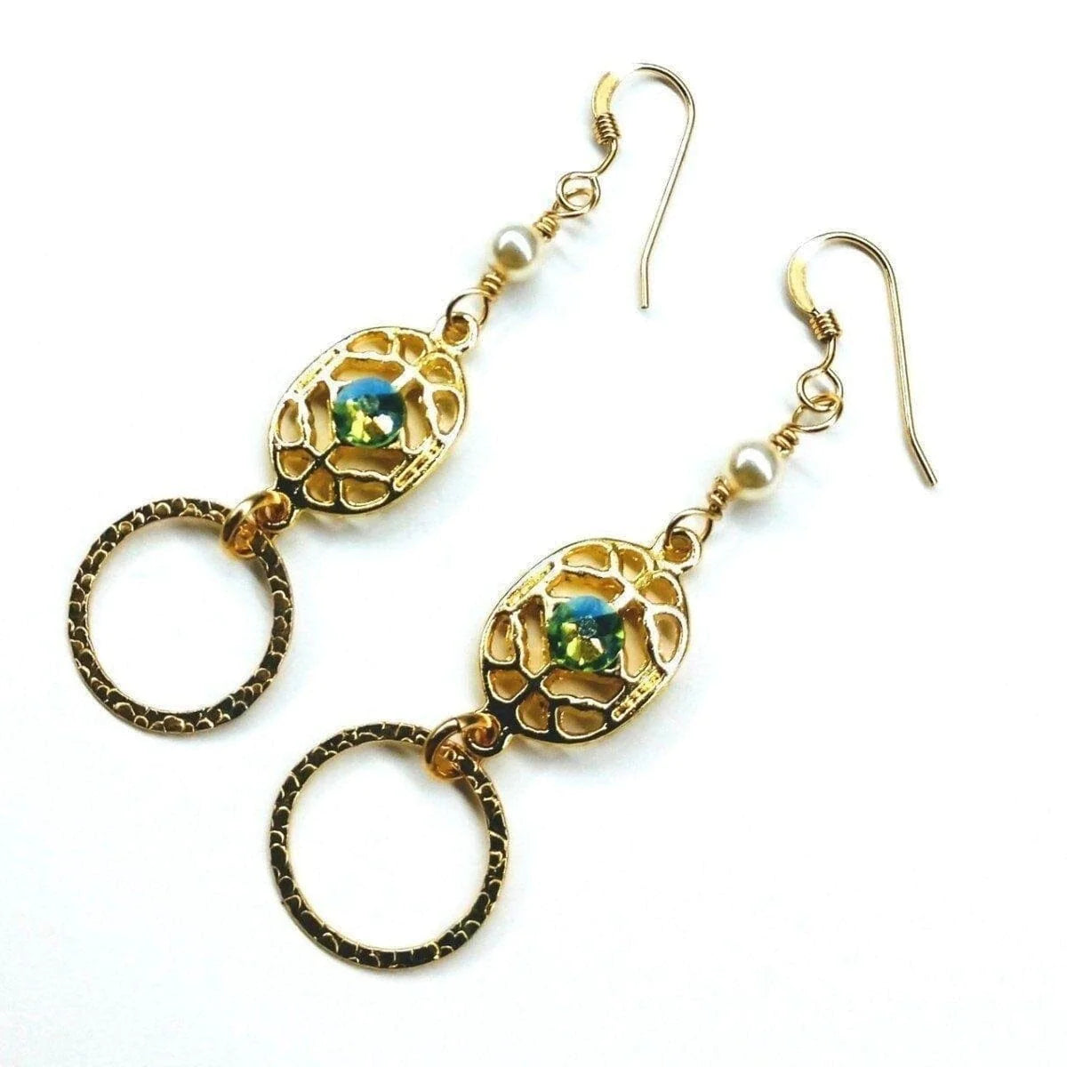 Luxe 14KT Gold-Filled Emerald Crystal Textured Filigree Hoop Earrings