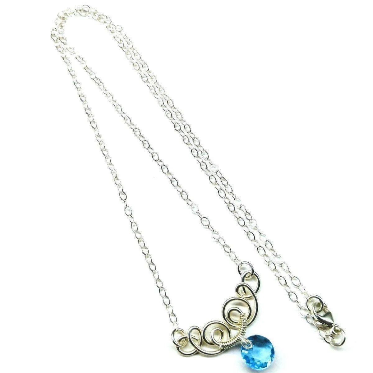 Silver Wire Sculpted round Aqua Crystal Pendant Necklace