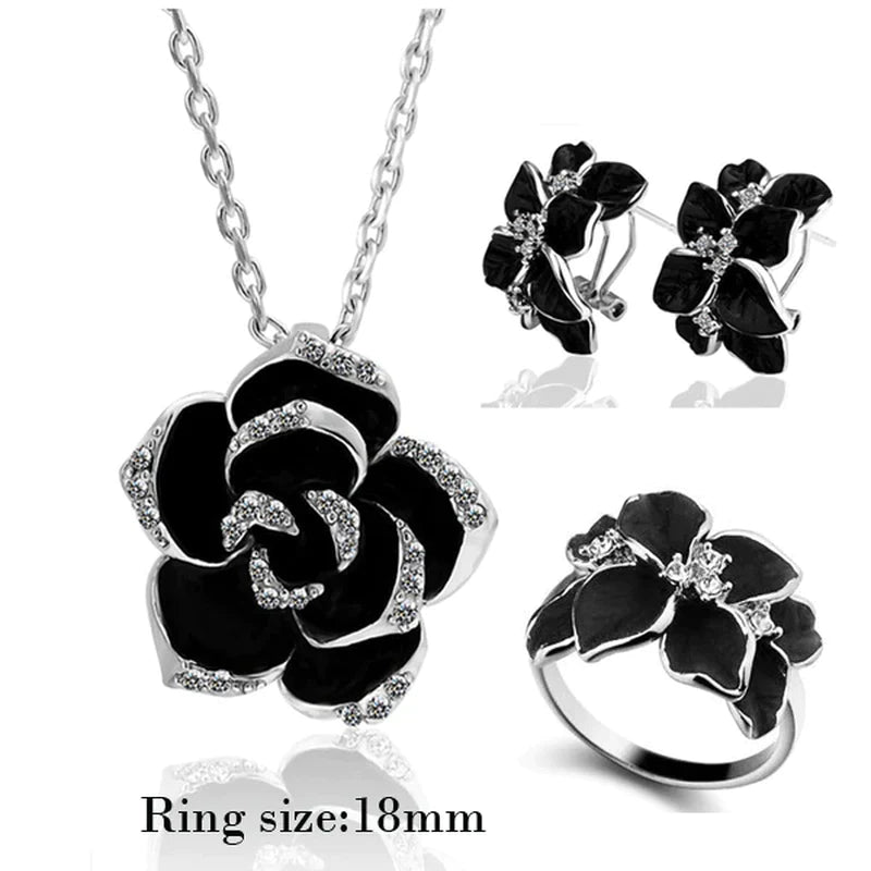 Fashion Rose Flower Enamel Jewelry Set Rose Gold Color Black Bridal Jewelry Sets for Women Wedding 2022 Best Selling Products