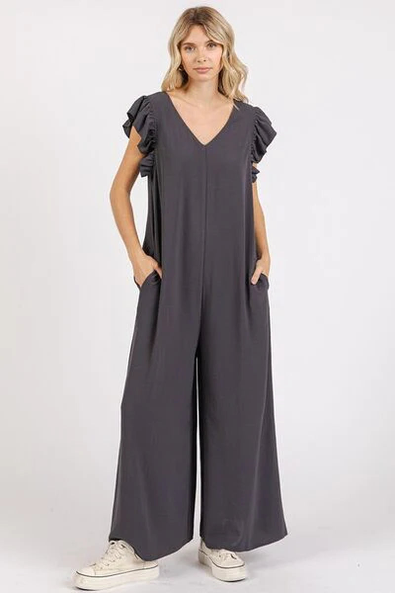 Mittoshop V-Neck Ruffled Cap Sleeve Wide Leg Jumpsuit