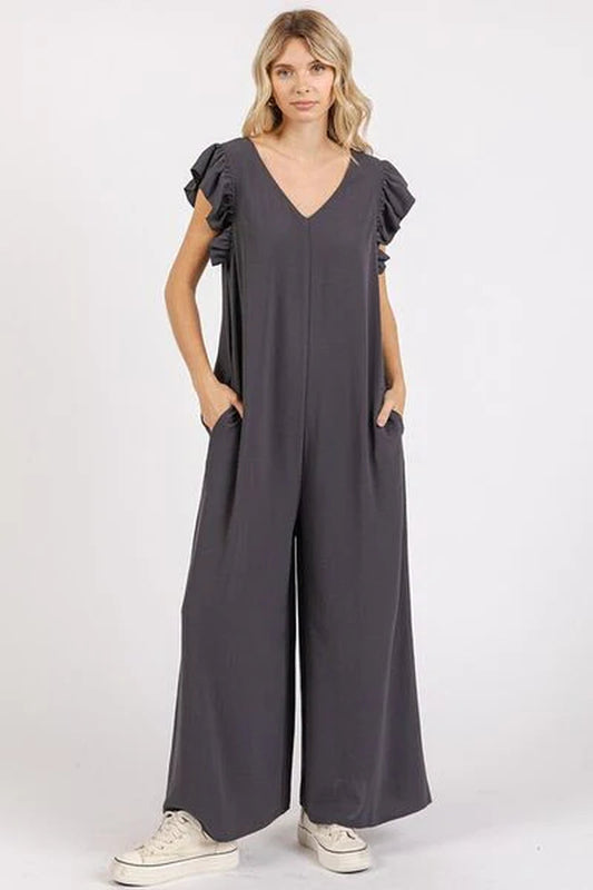 Mittoshop V-Neck Ruffled Cap Sleeve Wide Leg Jumpsuit