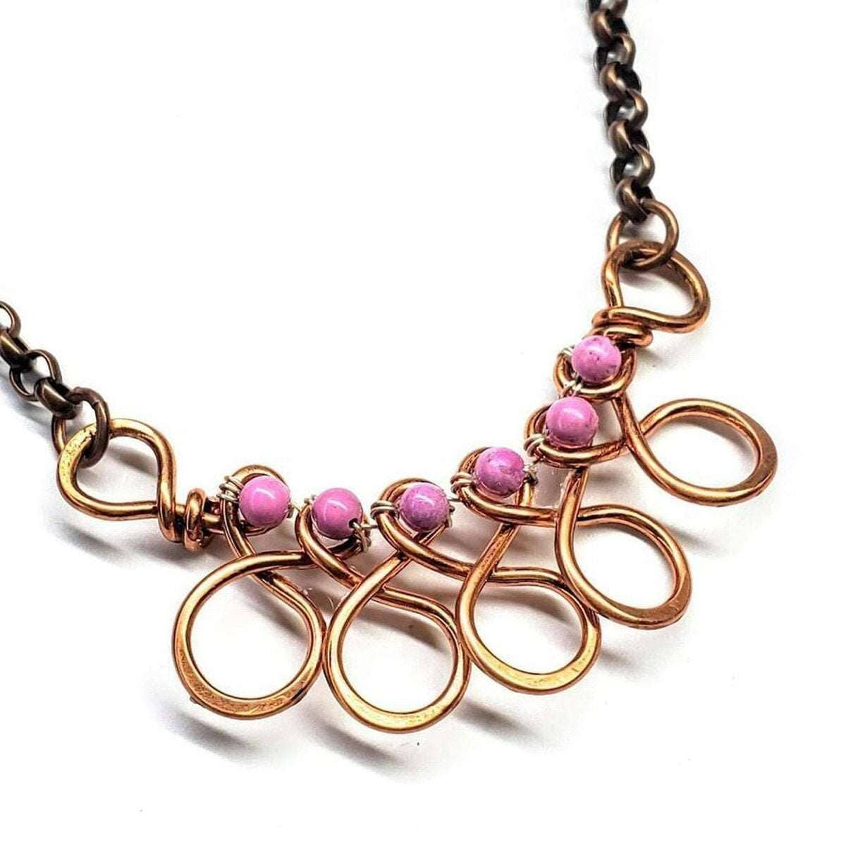 Copper Wire Wrapped Sculpted Pink Gemstone Necklace