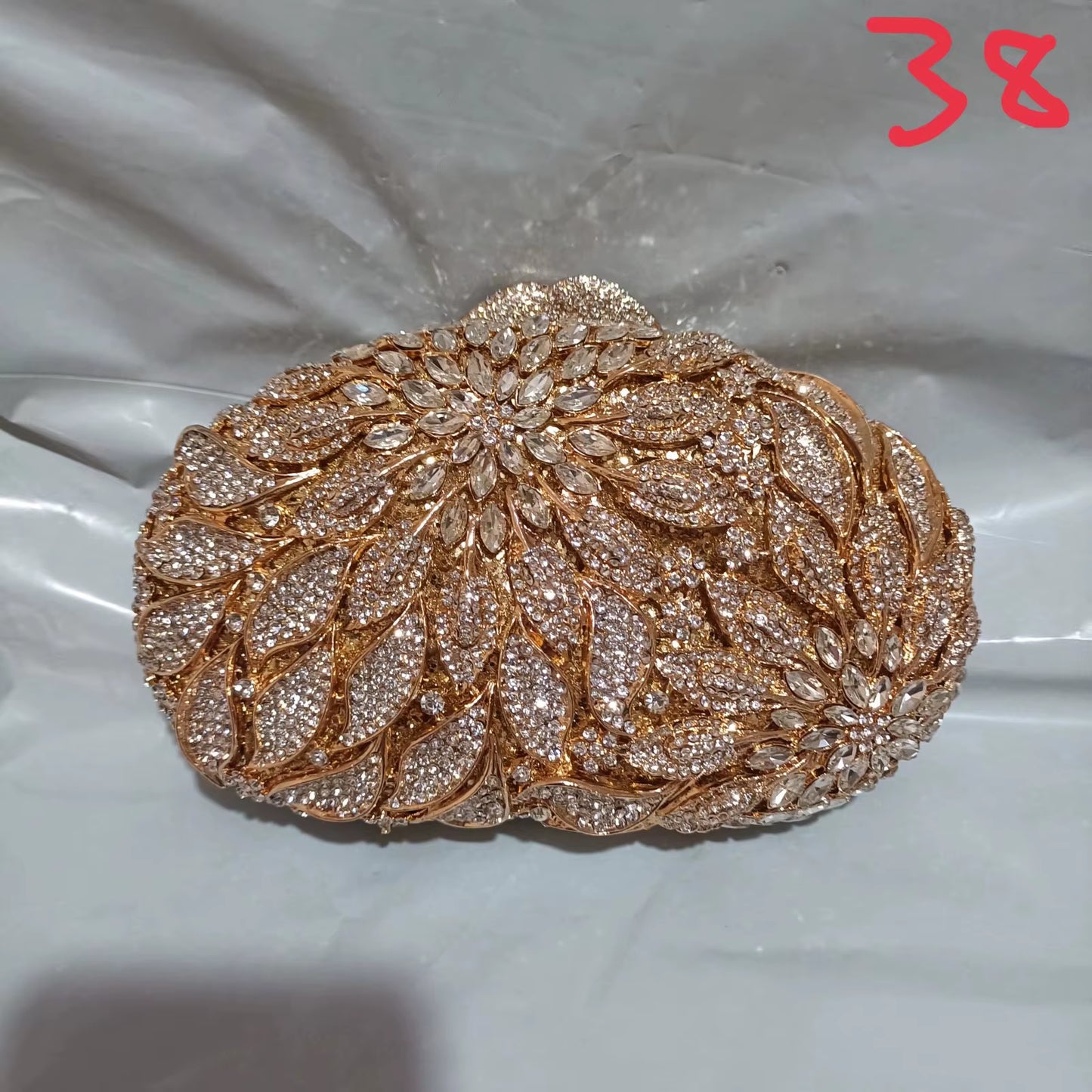 Gold Metal Leaves White Crystals Evening Clutch Bags Luxury Women Wedding Party Purse Ball Handbags Rhinestone Mini Minaudiere (070)