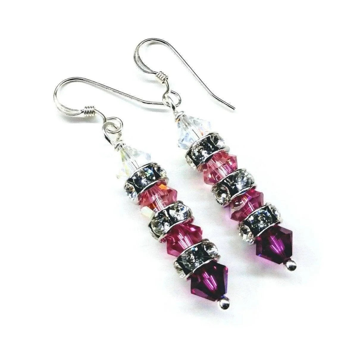 Vibrant Fuchsia Gradient Stacked Crystal Sterling Silver Dangles 