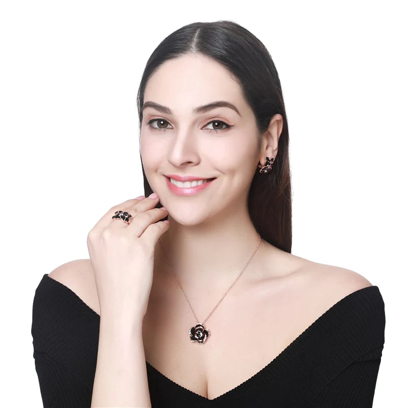 Fashion Rose Flower Enamel Jewelry Set Rose Gold Color Black Bridal Jewelry Sets for Women Wedding 2022 Best Selling Products