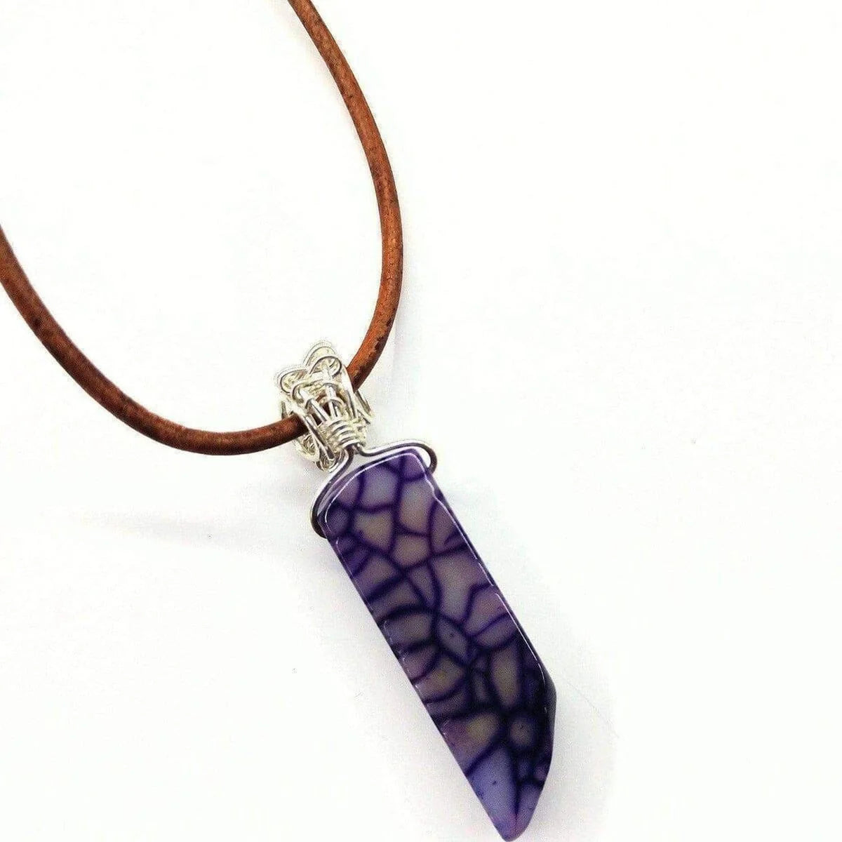 Mystic Violet Silver-Wrapped Agate Pendant on Leather Necklace