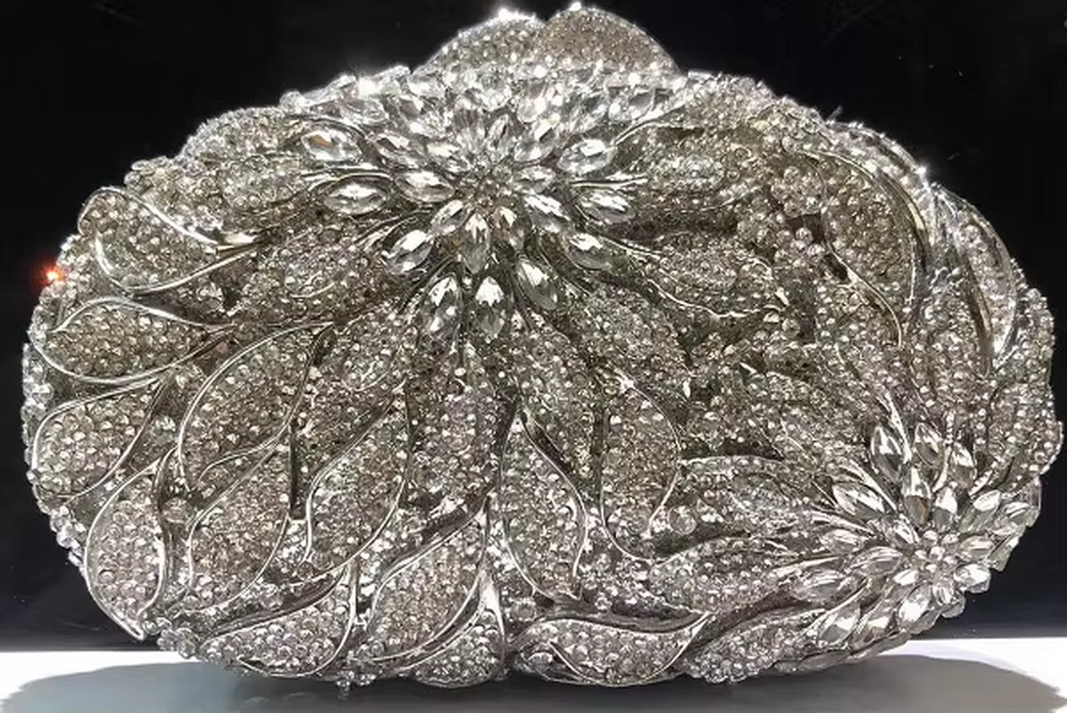 Gold Metal Leaves White Crystals Evening Clutch Bags Luxury Women Wedding Party Purse Ball Handbags Rhinestone Mini Minaudiere (070)