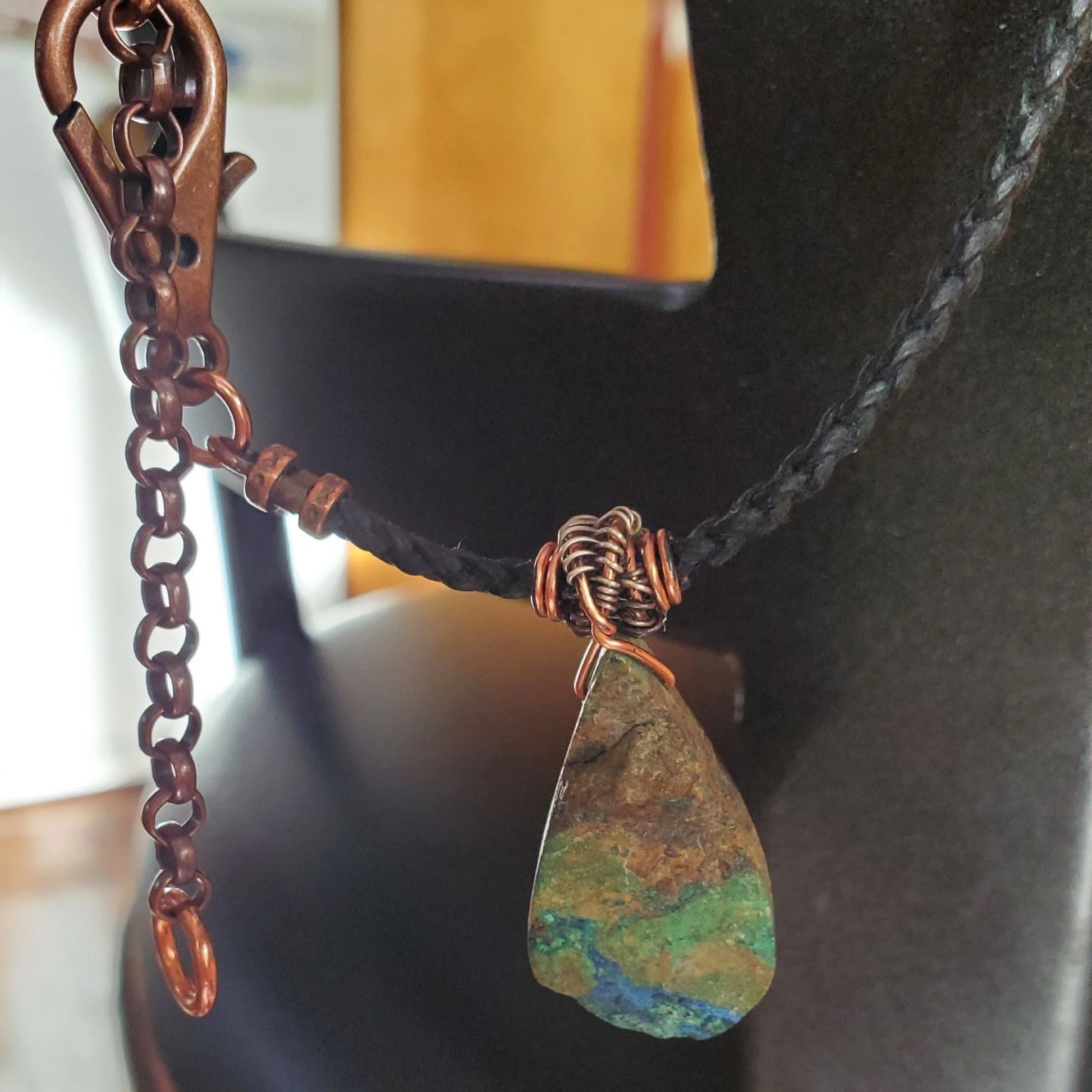 Handcrafted Azurite Malachite Drop Pendant on Vegan Cord Necklace