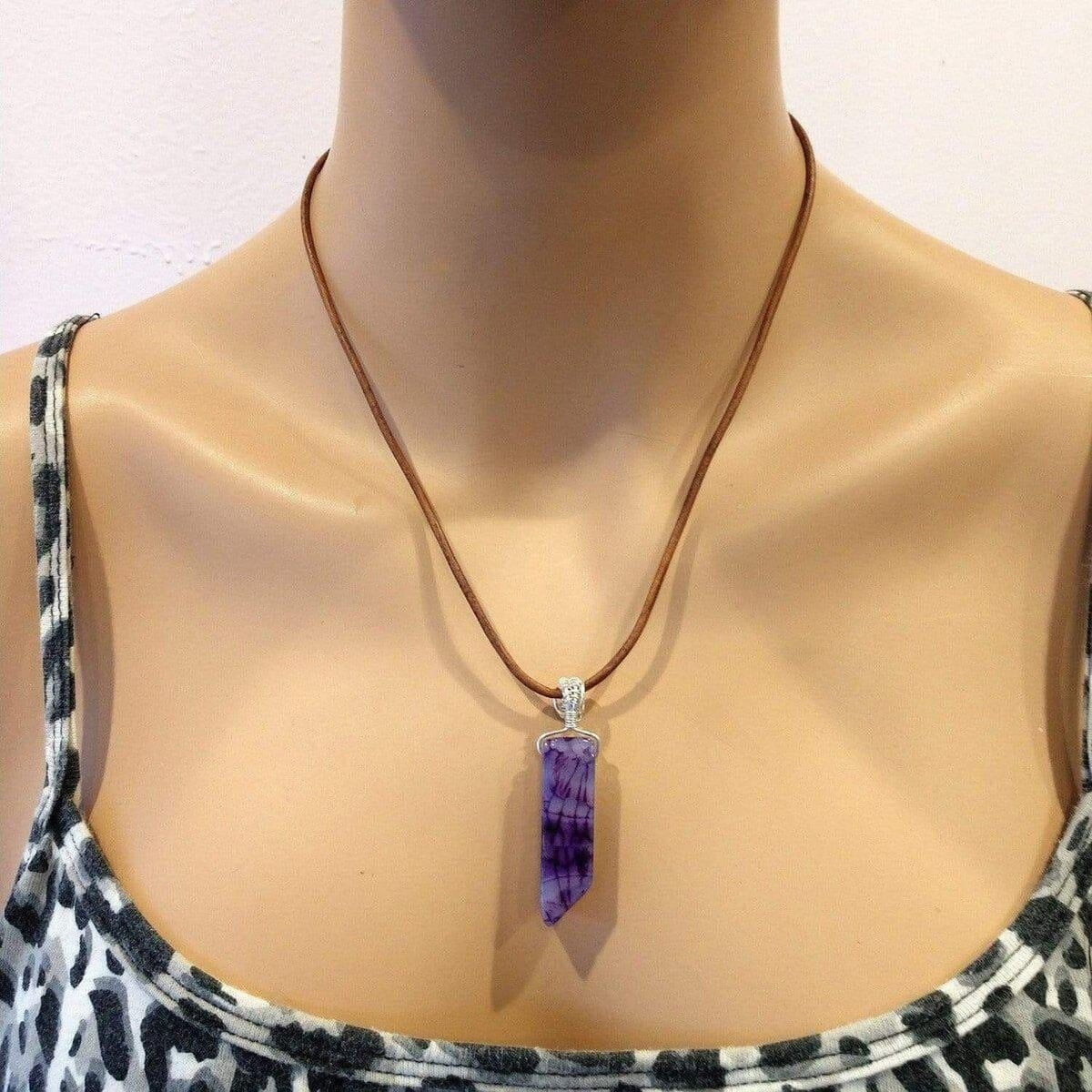 Mystic Violet Silver-Wrapped Agate Pendant on Leather Necklace