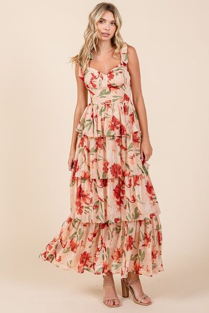 Mittoshop Layered Floral Sweetheart Neck Maxi Dress