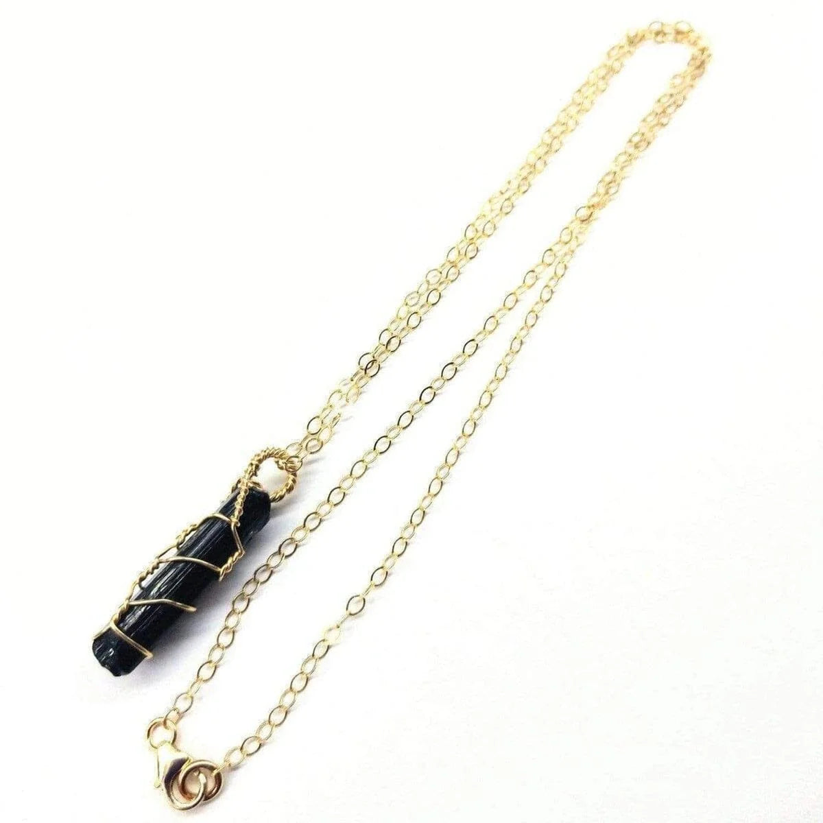 Messy Gold Wire Wrapped Black Tourmaline Pointed Crystal Pendant