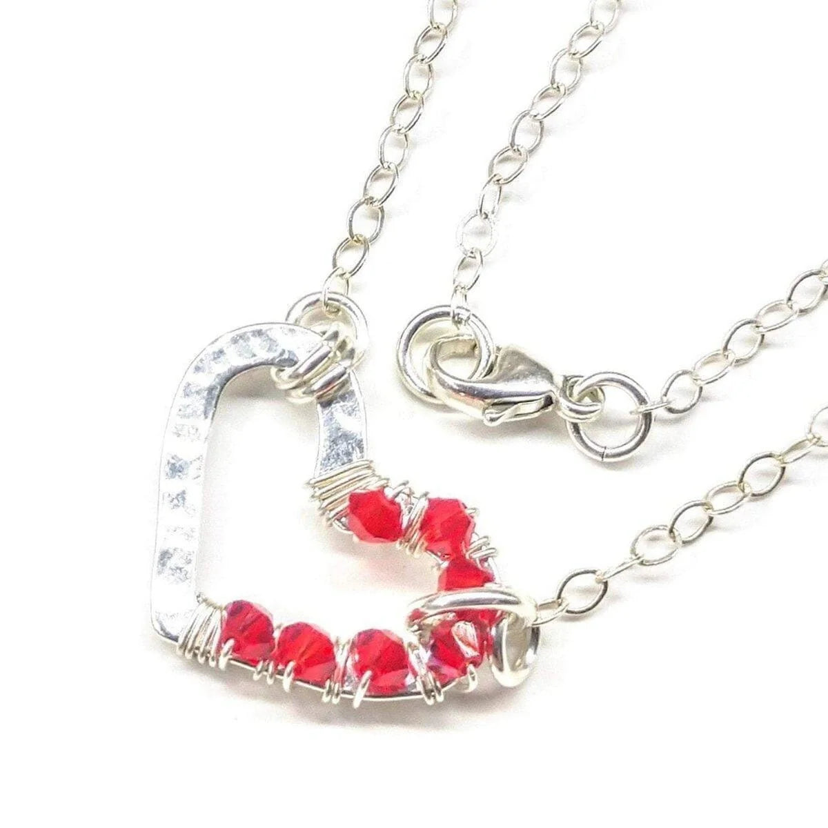 Crimson Sparkle Hammered Heart Silver Necklace